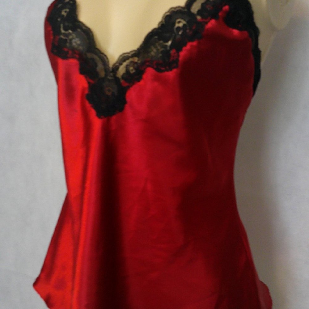 M Frederick's Satin/Lace Camisole - Red & Black with Lace-up Back Detail